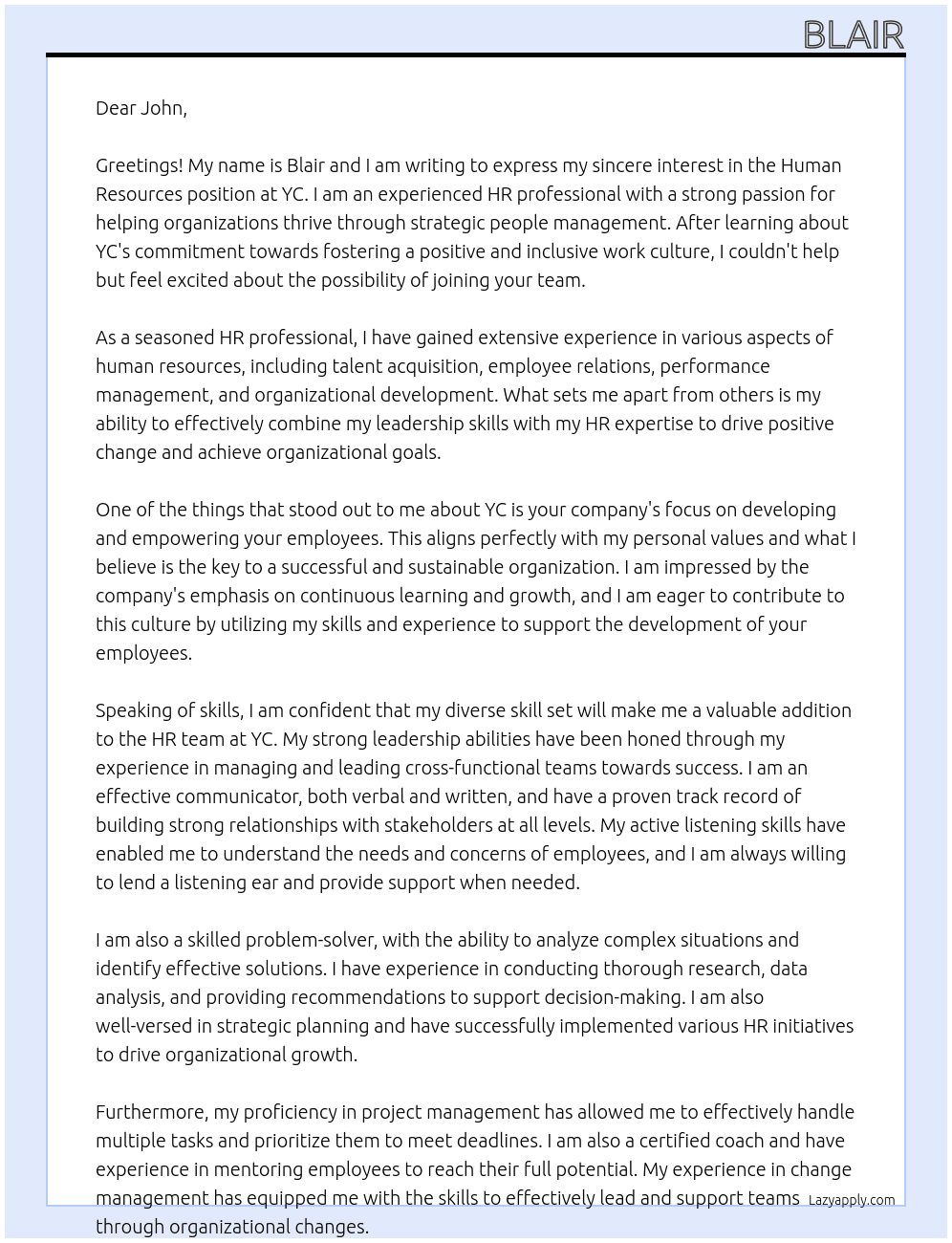 Human Resources At YC Cover Letter