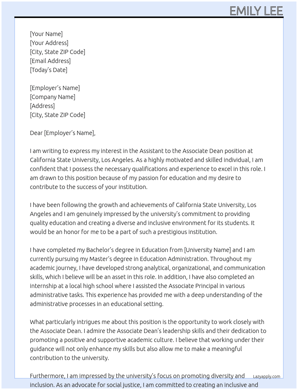 Assistant to the Associate Dean At California State University, Los Angeles Cover Letter