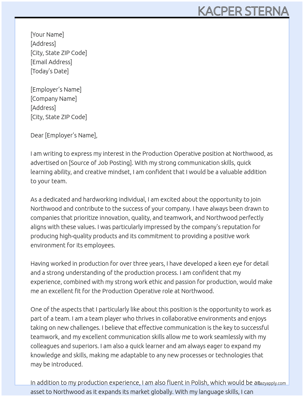 Production Operative At Northwood Cover Letter