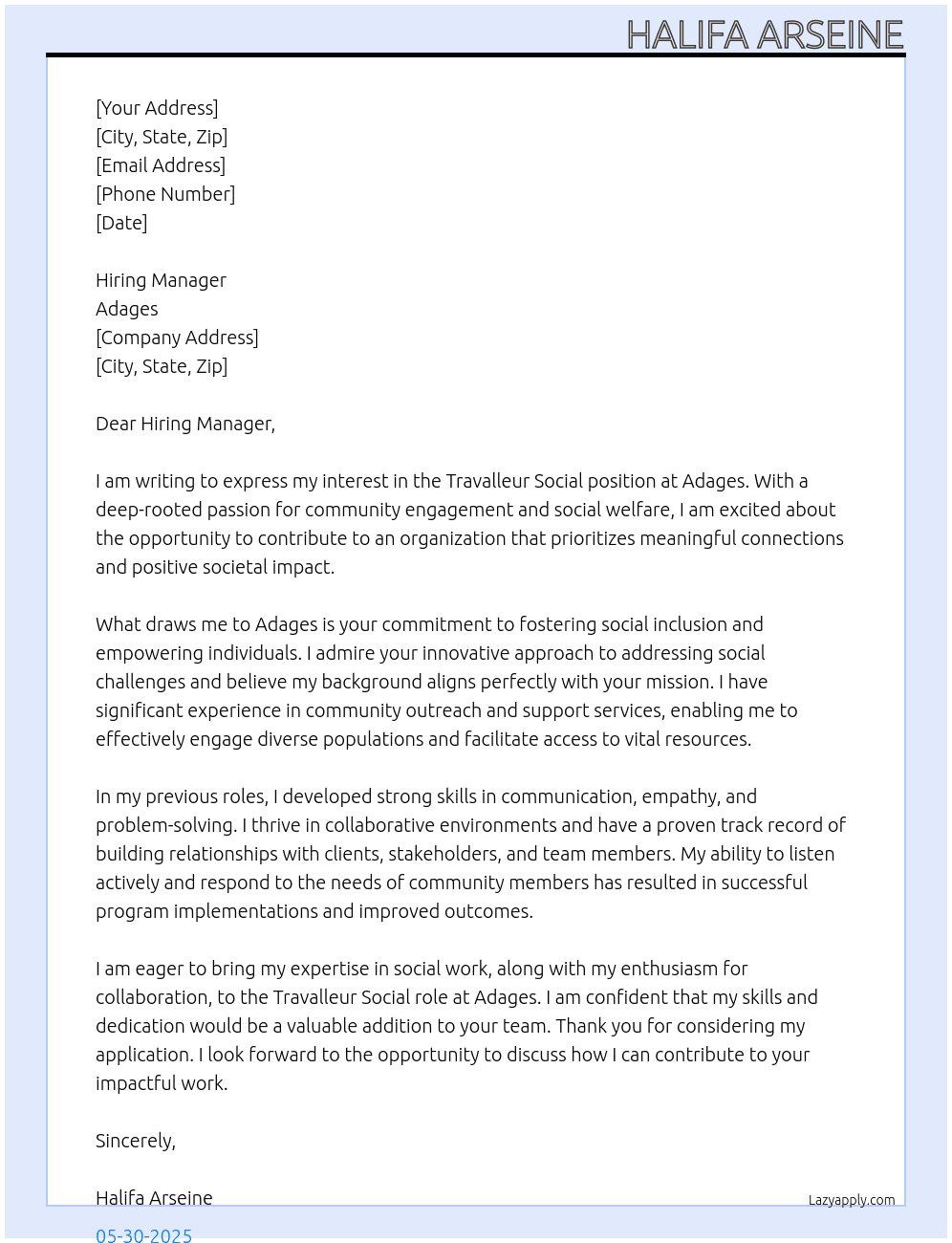 Travalleur social At Adages Cover Letter