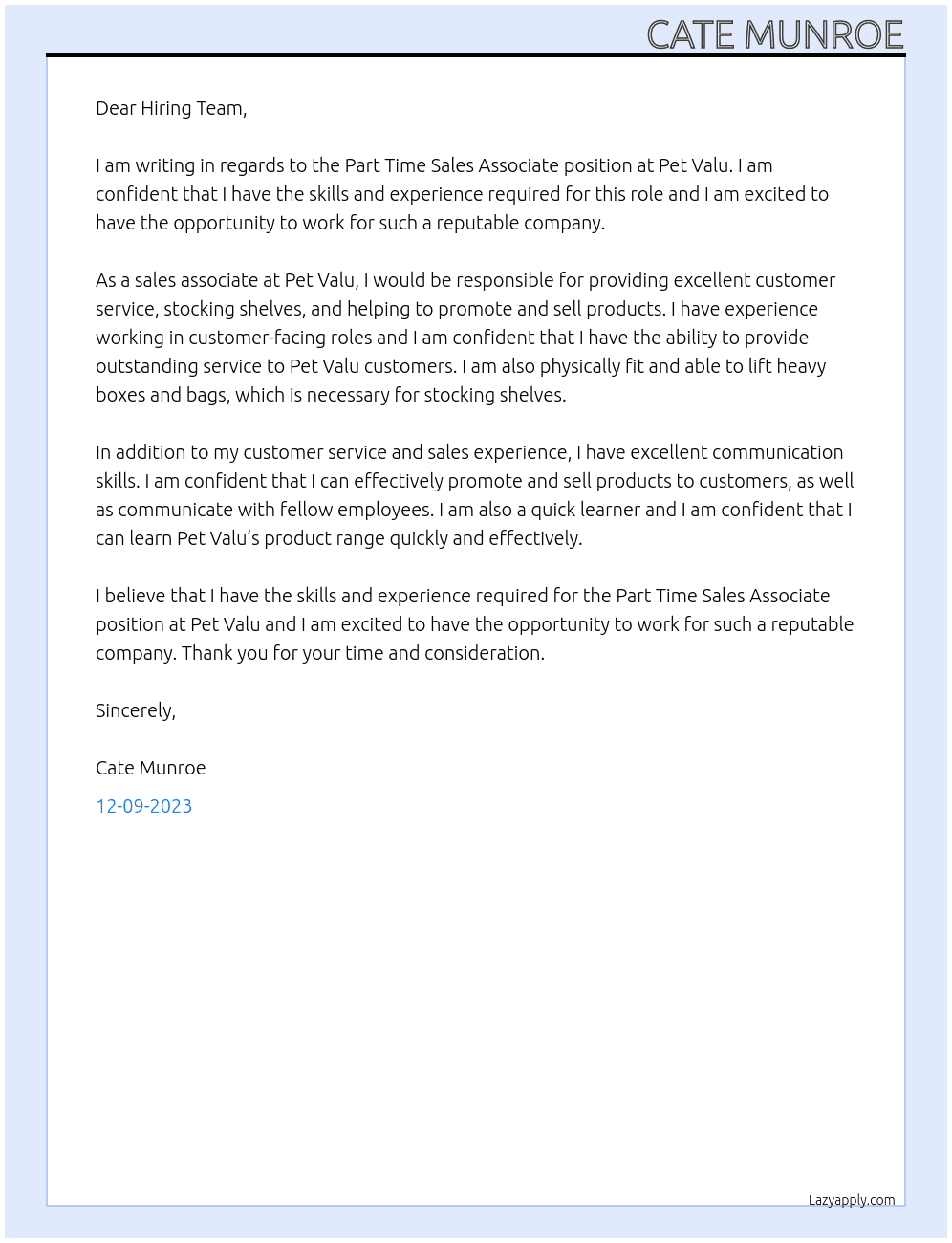 Part Time Sales Associate At Pet Valu Cover Letter