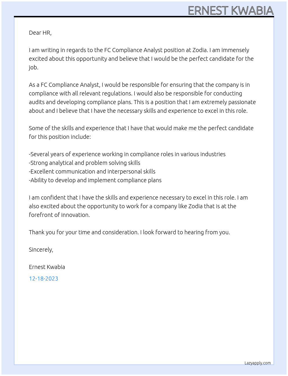 FC Compliance Analyst At Zodia Cover Letter