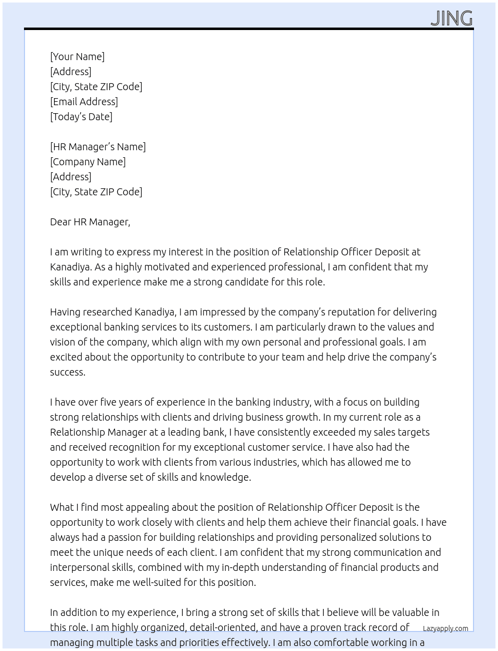 Relationship officer deposit  At Kanadiya  Cover Letter