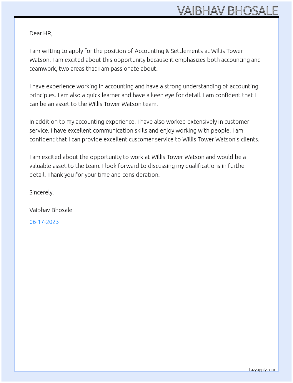 Accounting & Settlements At willis tower watson Cover Letter