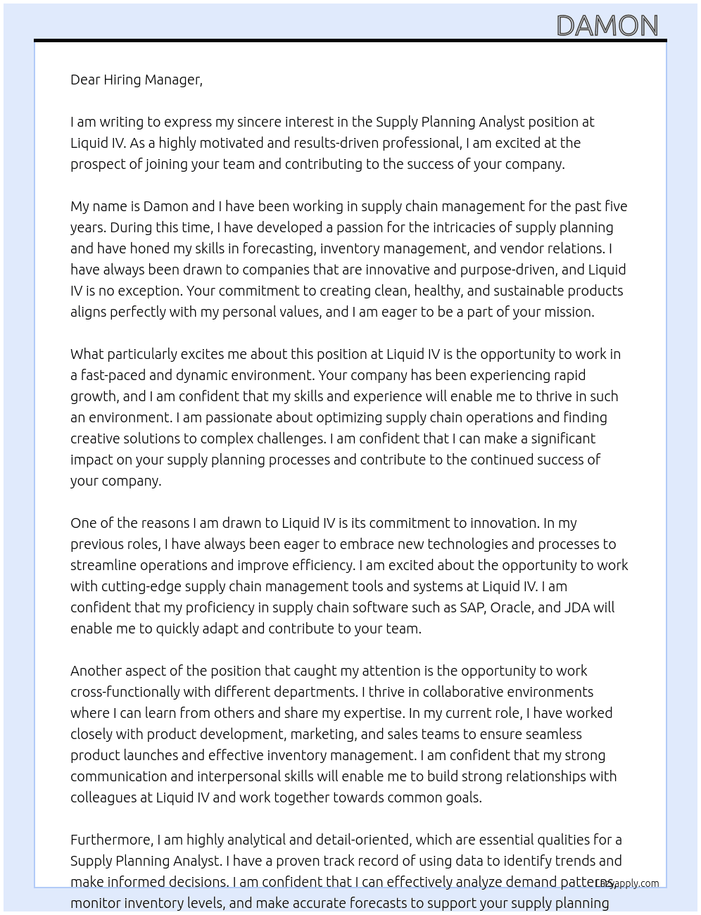 Supply Planning Analyst At Liquid IV Cover Letter