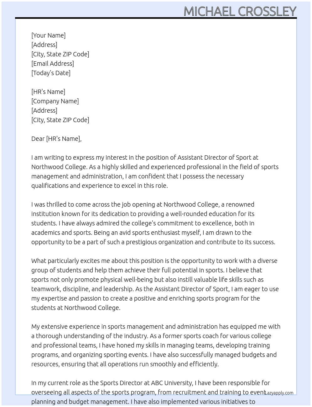 Assistant director of sport At Northwood College Cover Letter