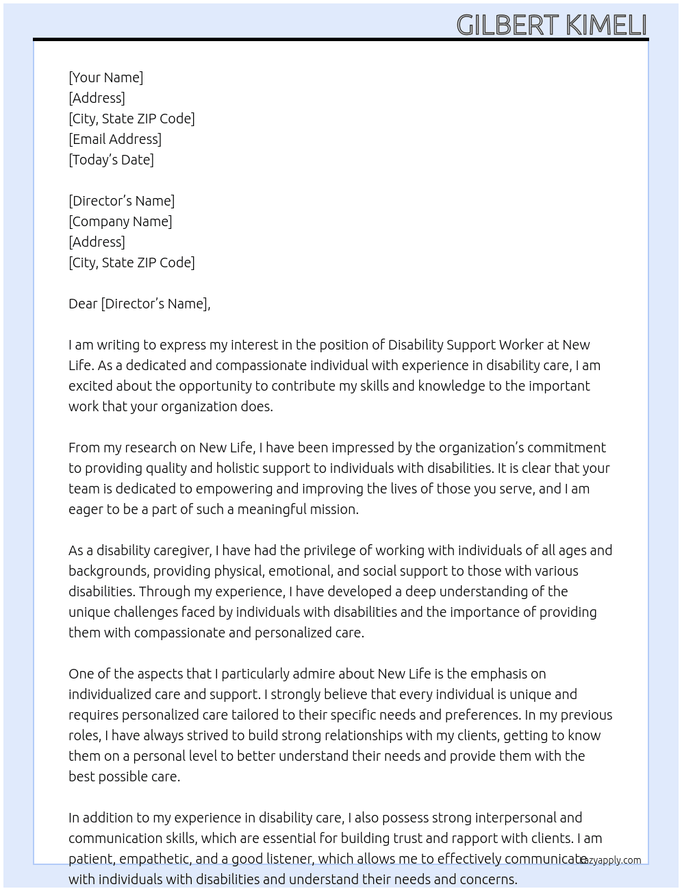 disability support worker At new life Cover Letter