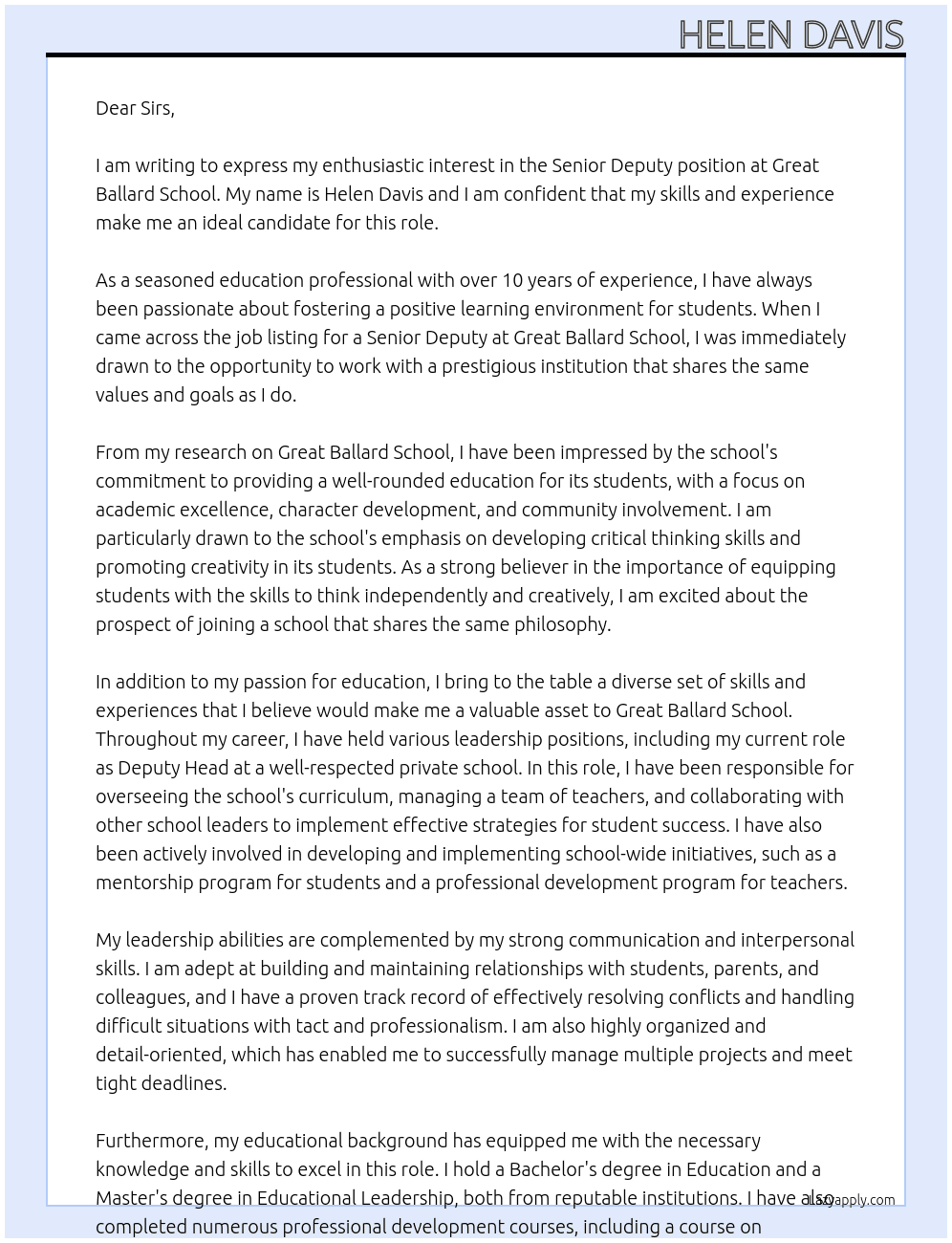 Senior Deputy  At Great Ballard School  Cover Letter