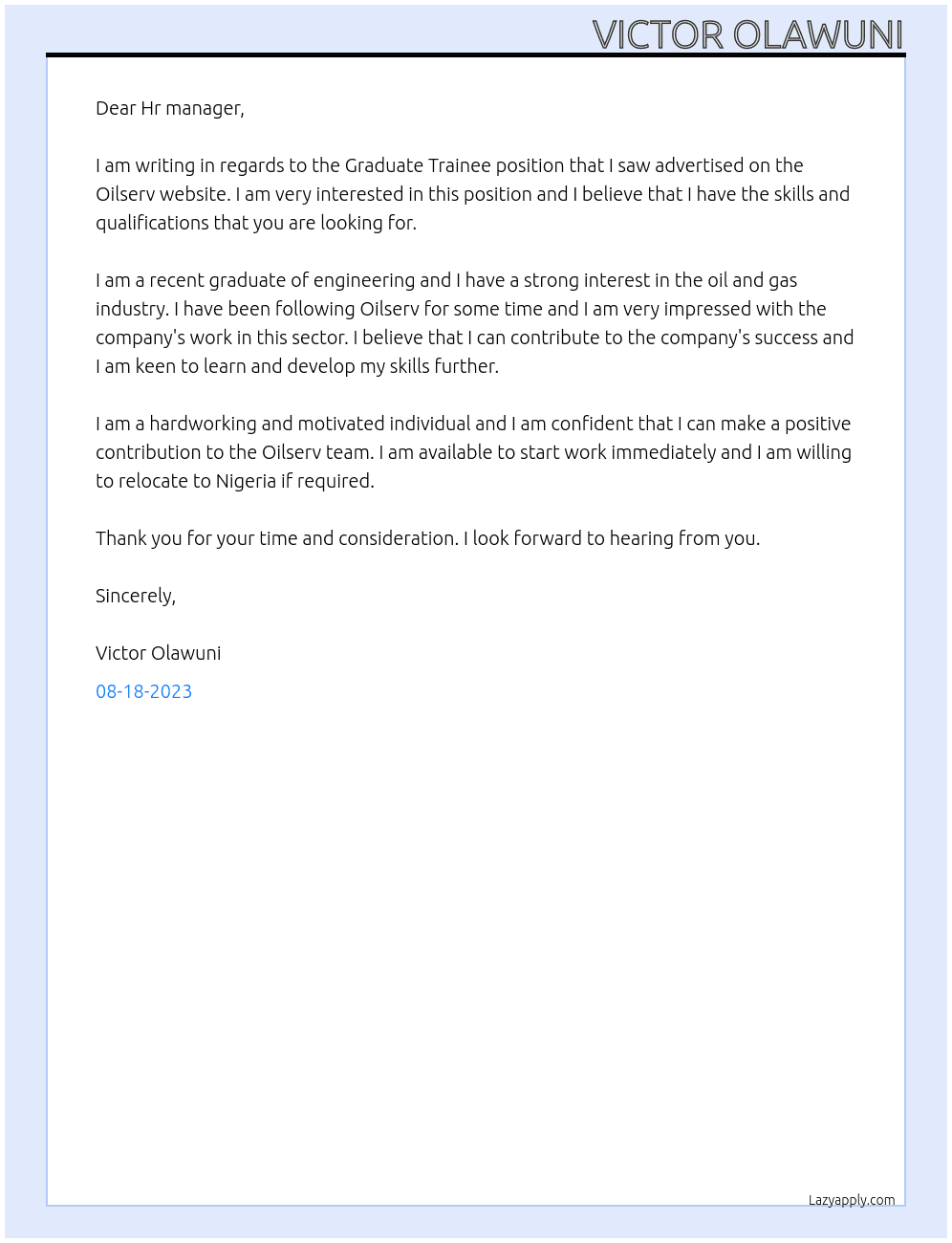 Graduate Trainee At Oilserv Cover Letter