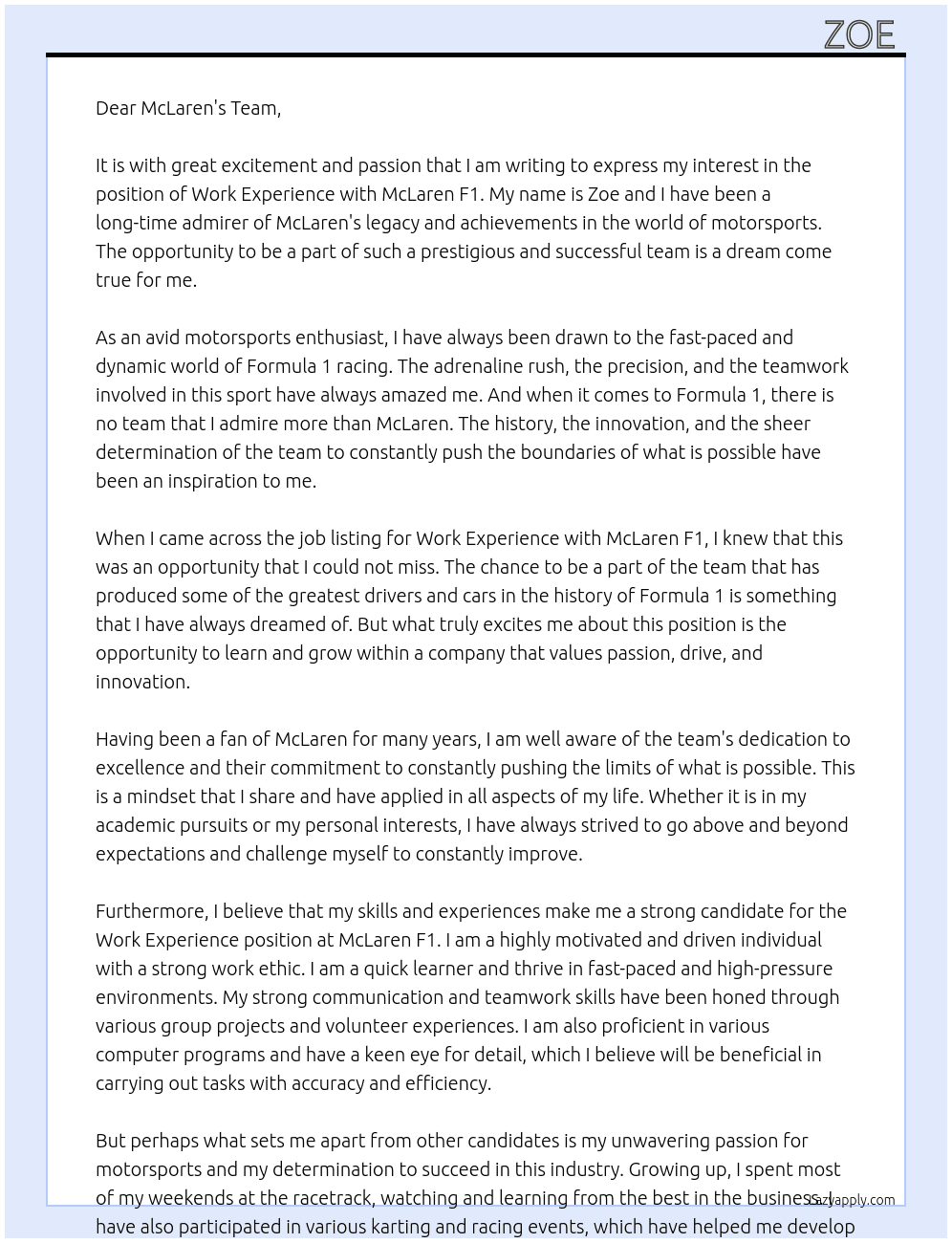Cover letter for work experience with mclaren f1 - LazyApply