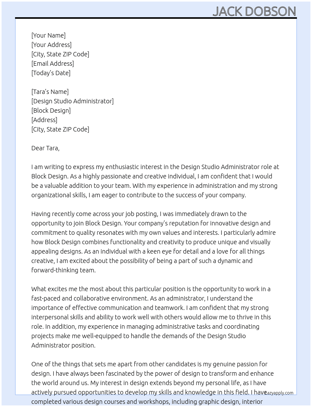 Design Studio Administrator At Block Design Cover Letter