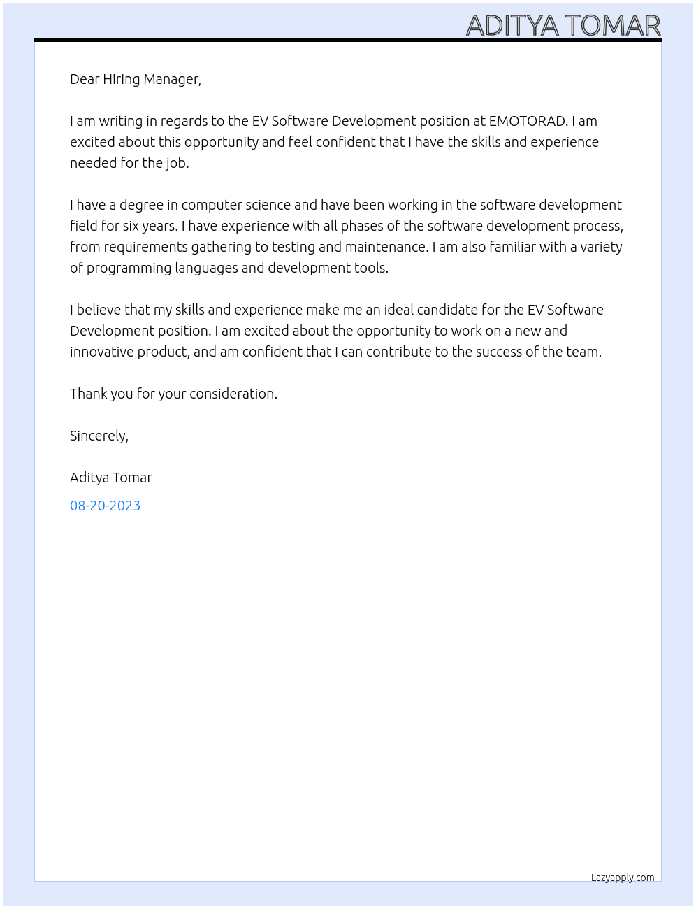 EV Software Development At EMOTORAD Cover Letter