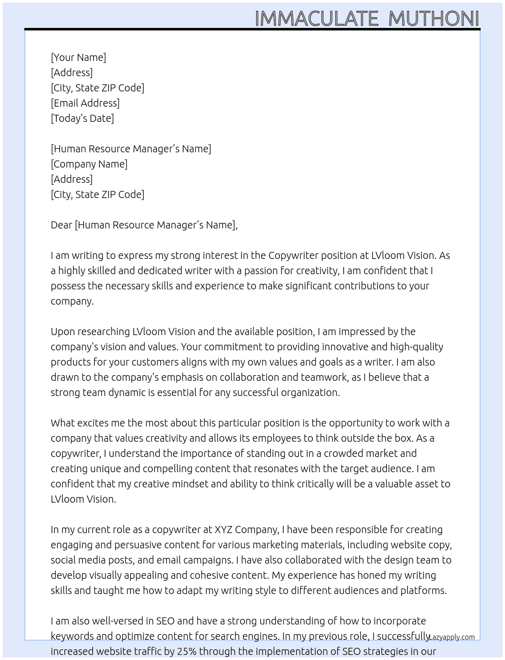 copywriter At lvloom vision Cover Letter
