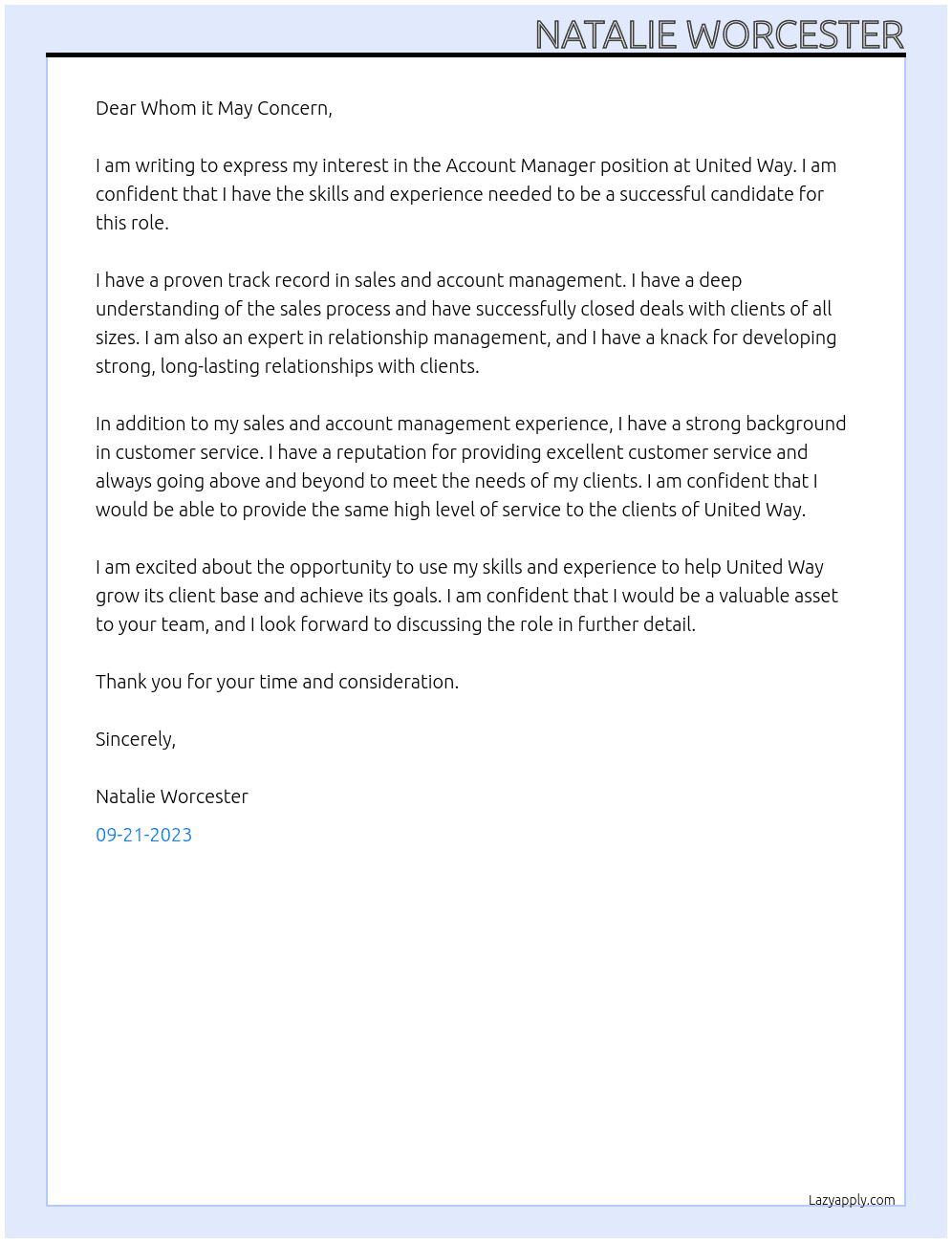 Account Manager At United Way Cover Letter