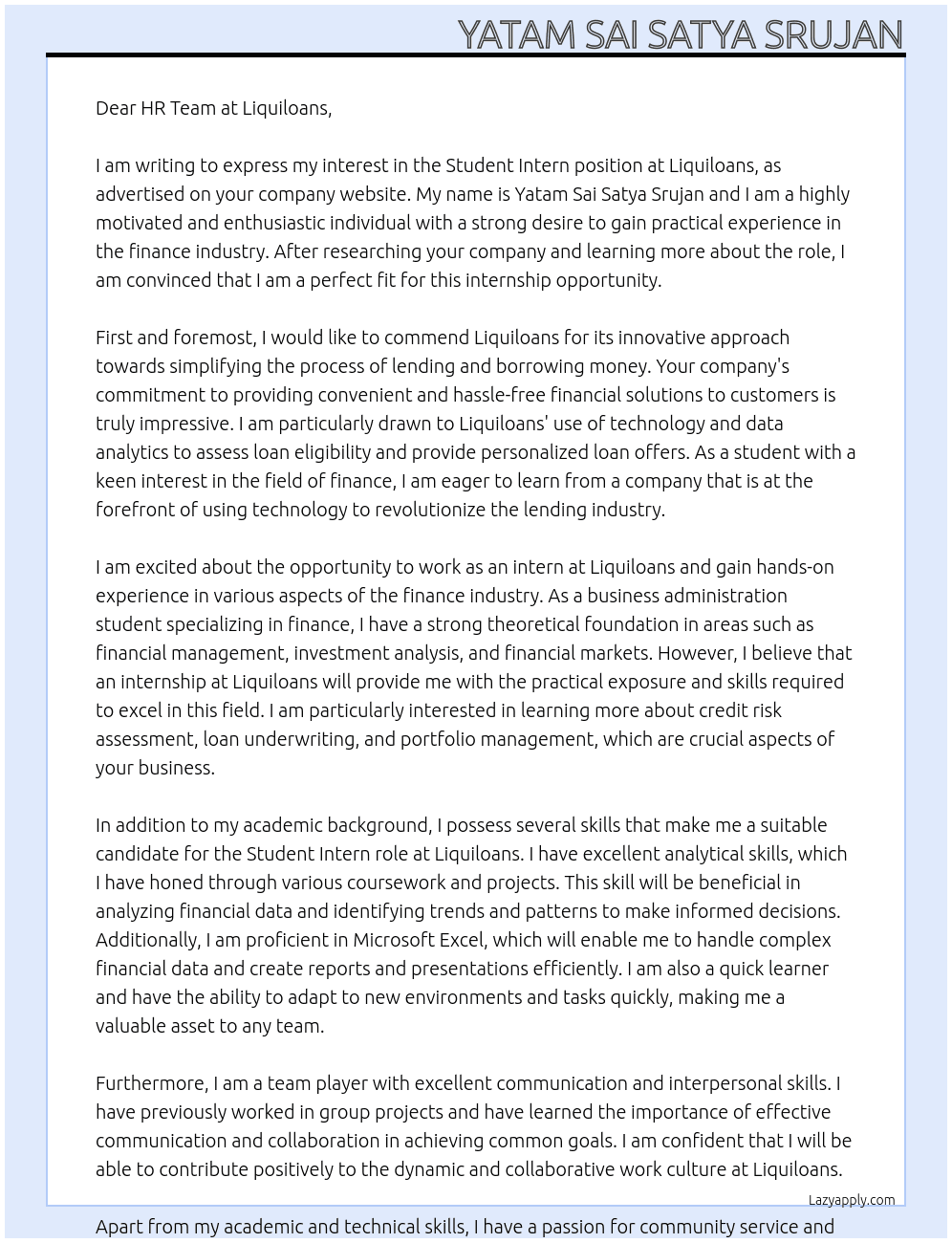 Student Intern At Liquiloans Cover Letter