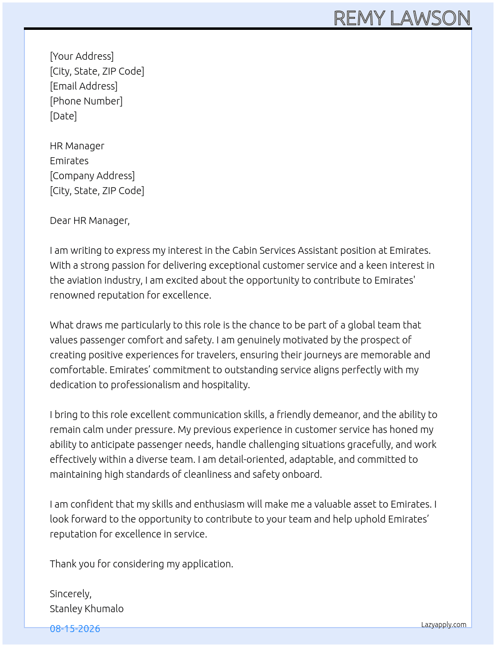 Cover letter for cabin services assistant - LazyApply