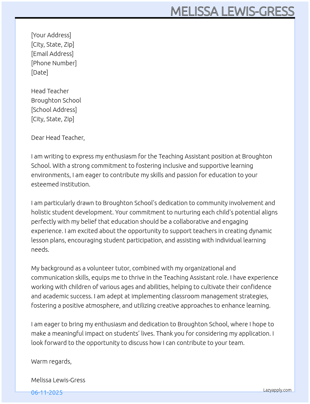 Teaching Assistant  At Broughton Schol Cover Letter