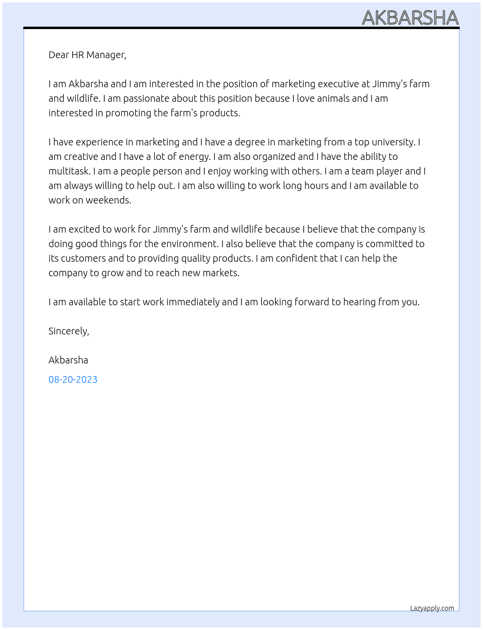 Marketing executive At Jimmy's farm and wildlife  Cover Letter