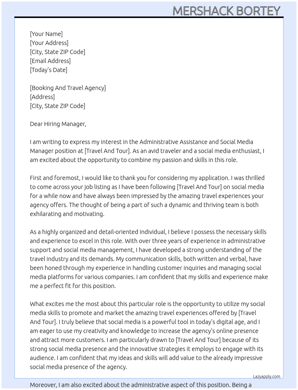 Administrative Assistance And Social Media Manager At Travel And Tour Cover Letter