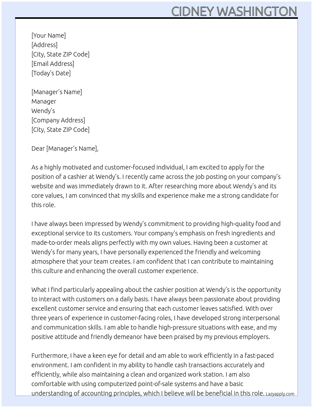 cashier At Wendy's Cover Letter