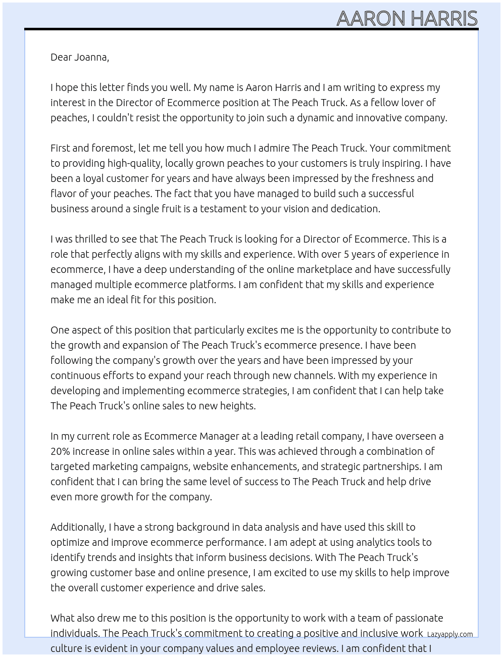 Director of Ecommerce At The Peach Truck Cover Letter