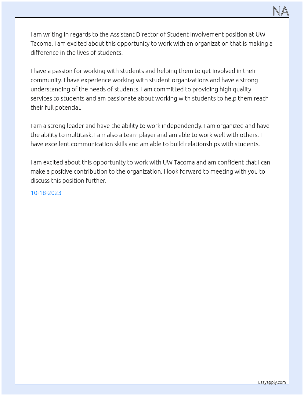 Assistant Director of Student Involvement At uw tacoma Cover Letter