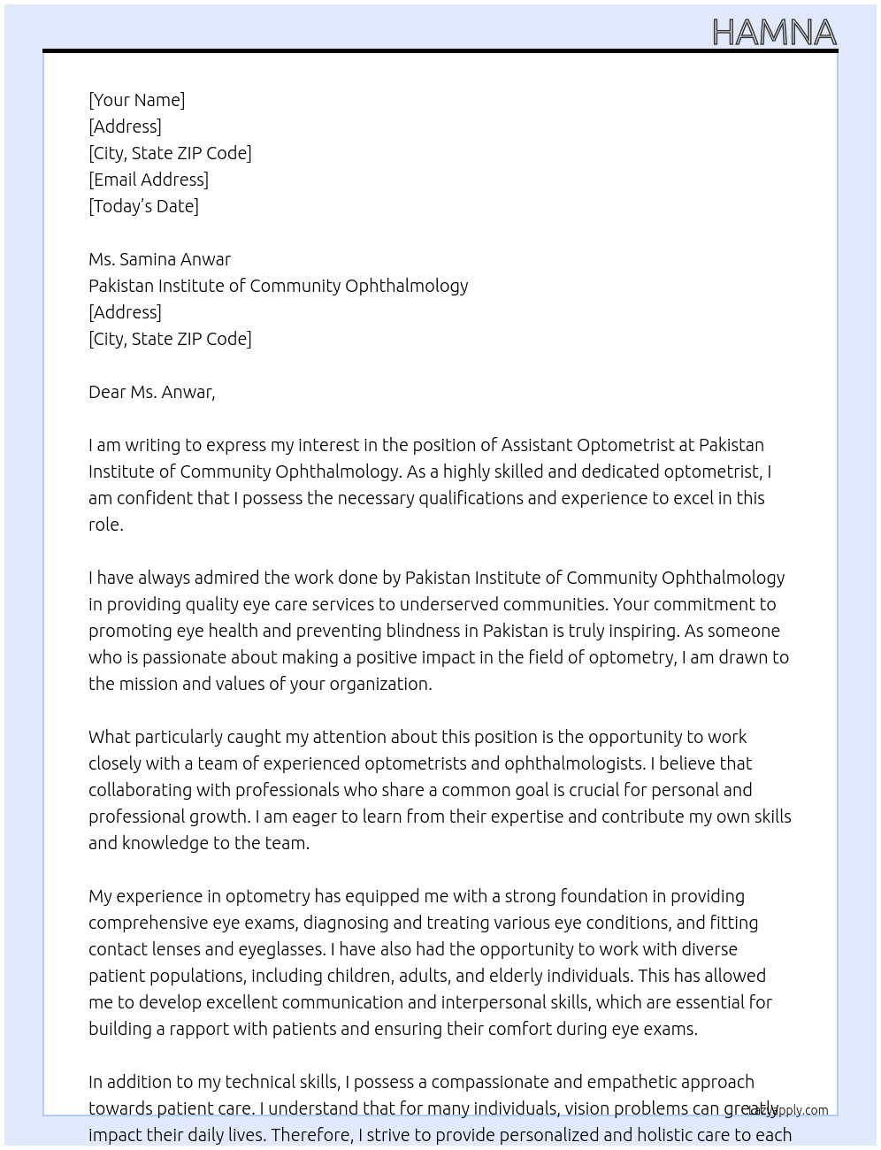 Assistant optometrist At Pakistan institute of community opthalmology  Cover Letter