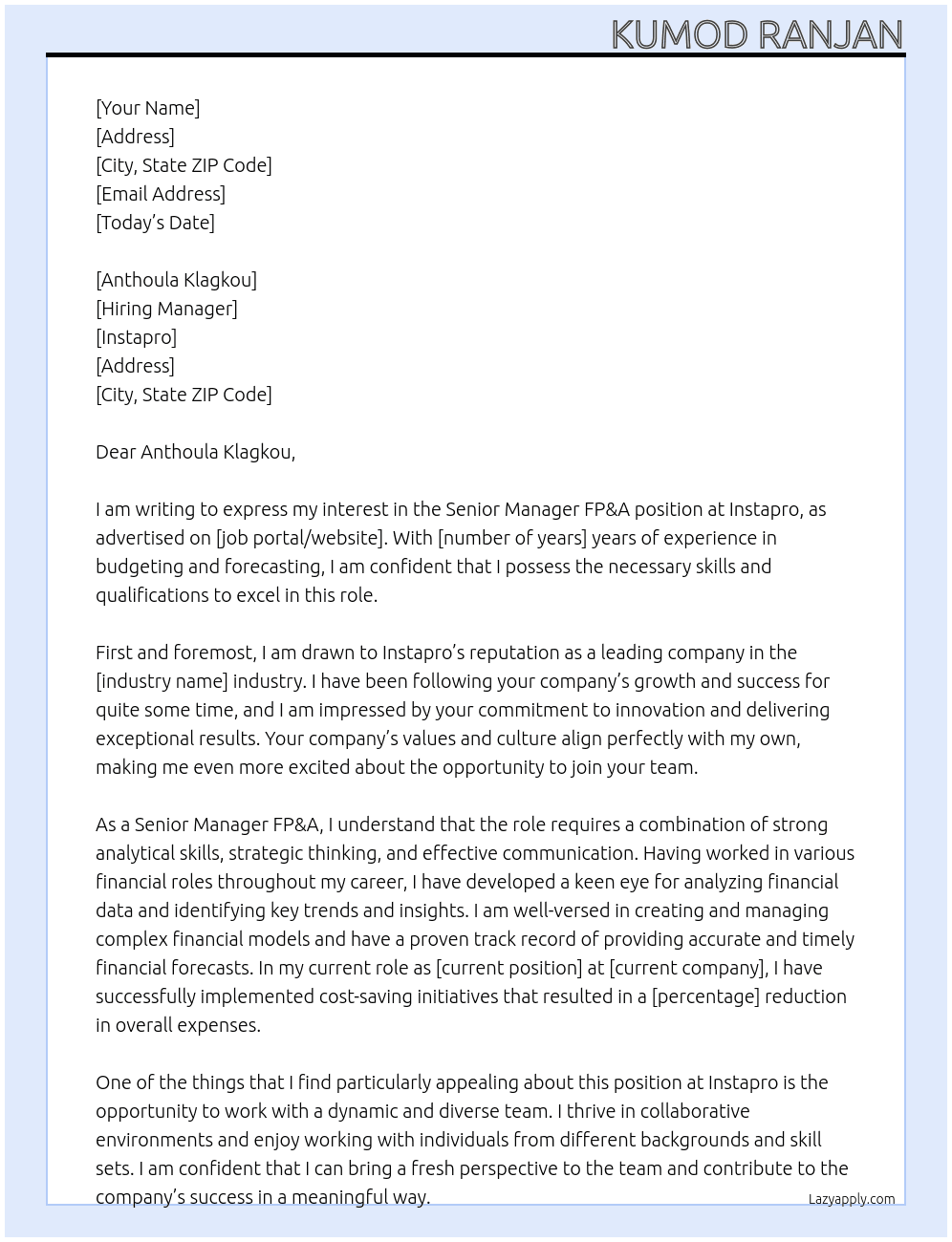 Senior Manager FP&A At Instapro Cover Letter