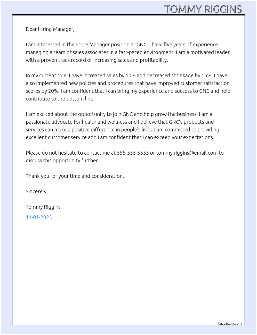 Store Manager At GNC Cover Letter