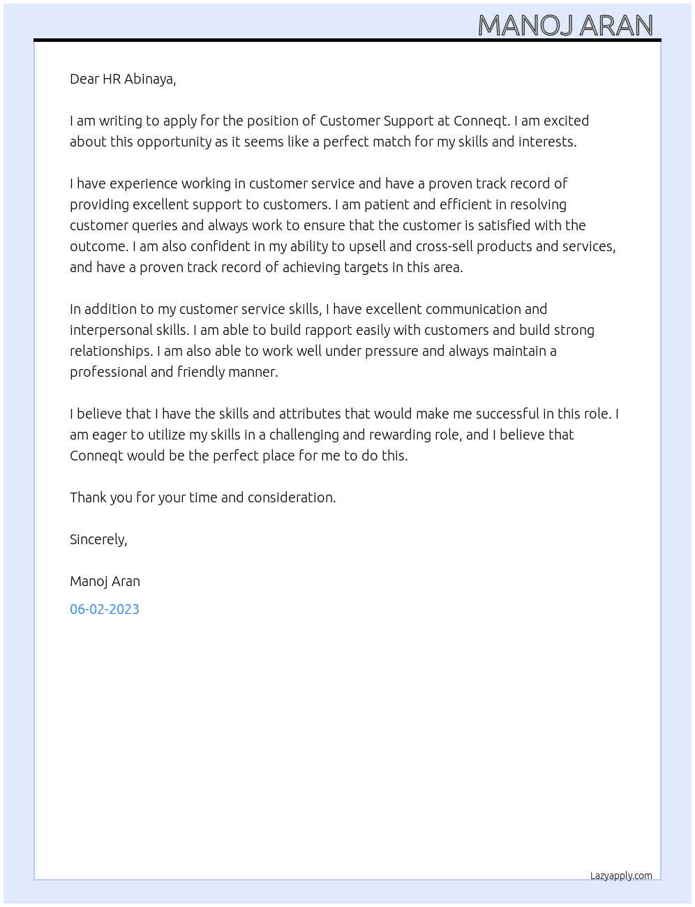 Customer support  At Conneqt Cover Letter