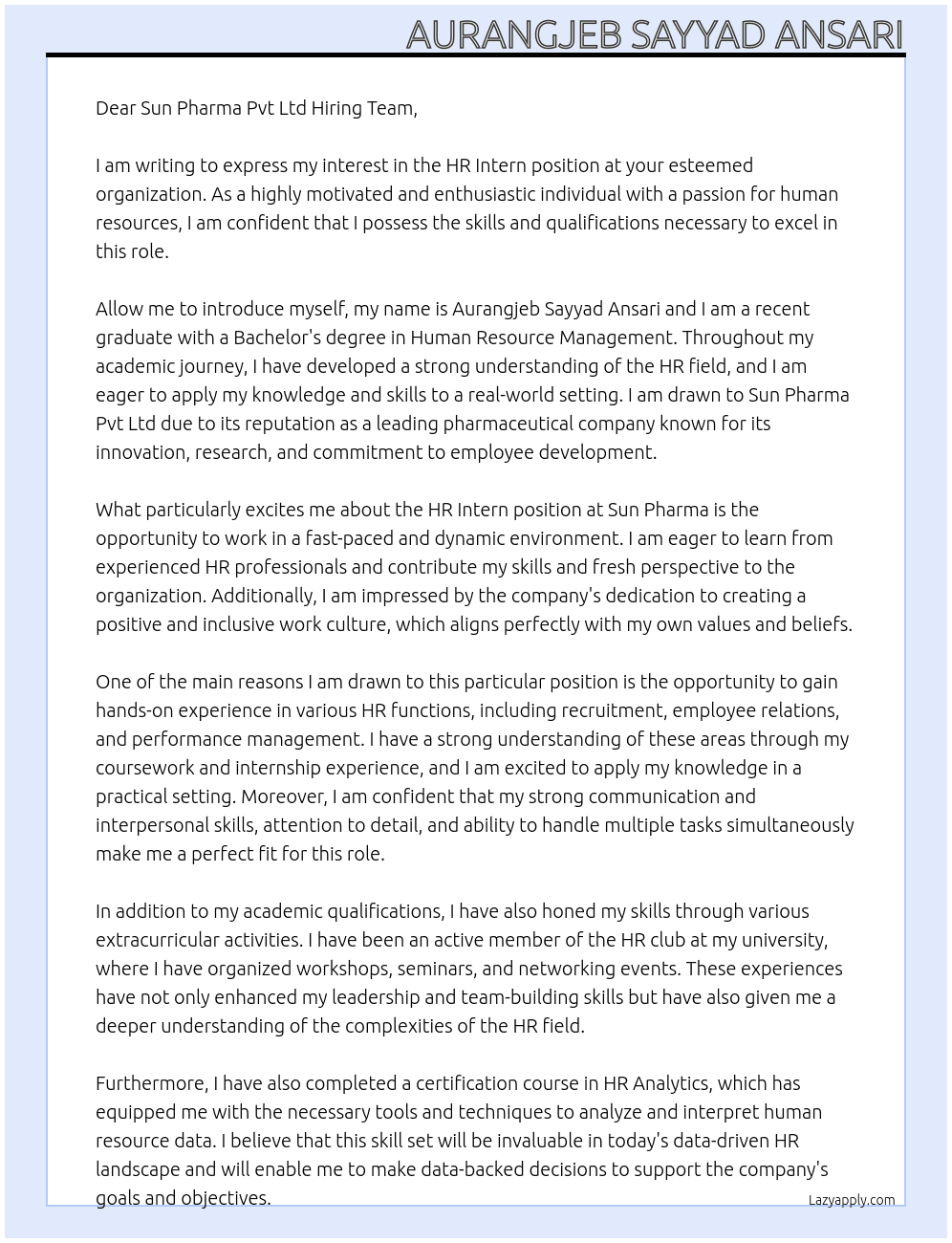 HR Intern At sun pharma pvt ltd  Cover Letter