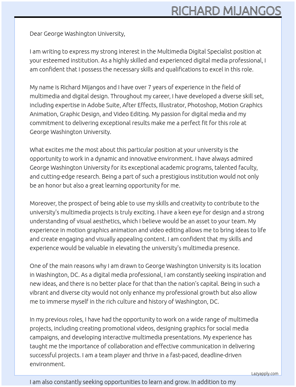Multimedia Digital Specialist At George Washington University Cover Letter
