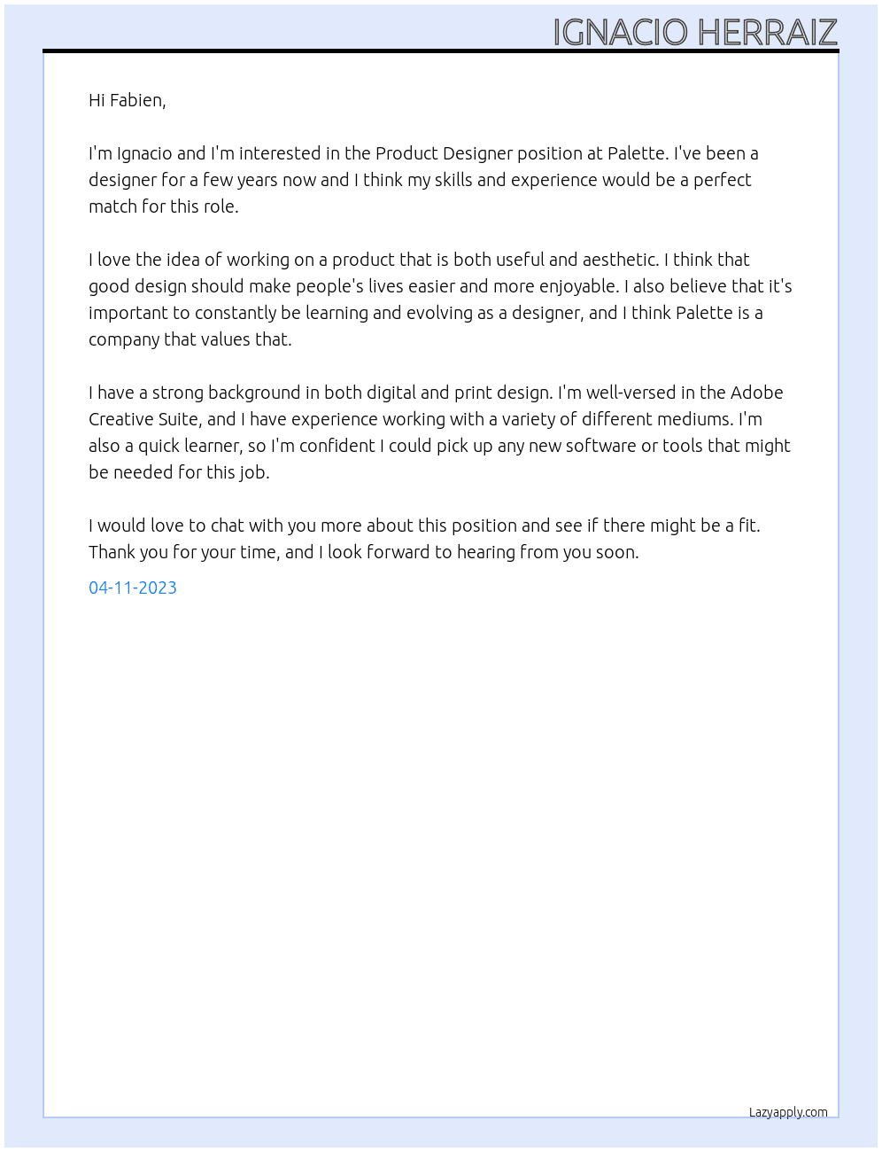 Product Designer At Palette Cover Letter