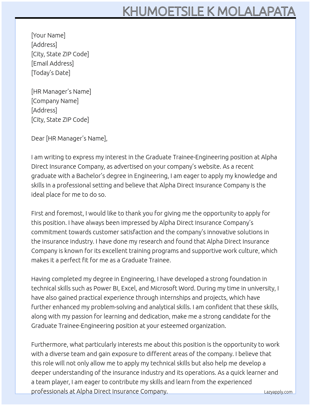 Graduate Trainee-Engineering At Alpha Direct Insurance Company Cover Letter