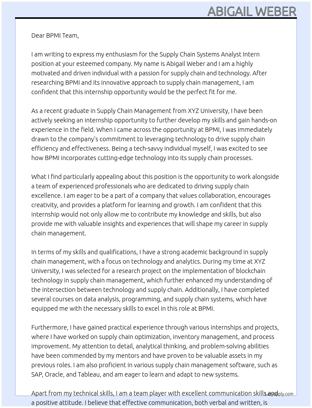 Supply Chain Systems Analyst Intern At BPMI Cover Letter