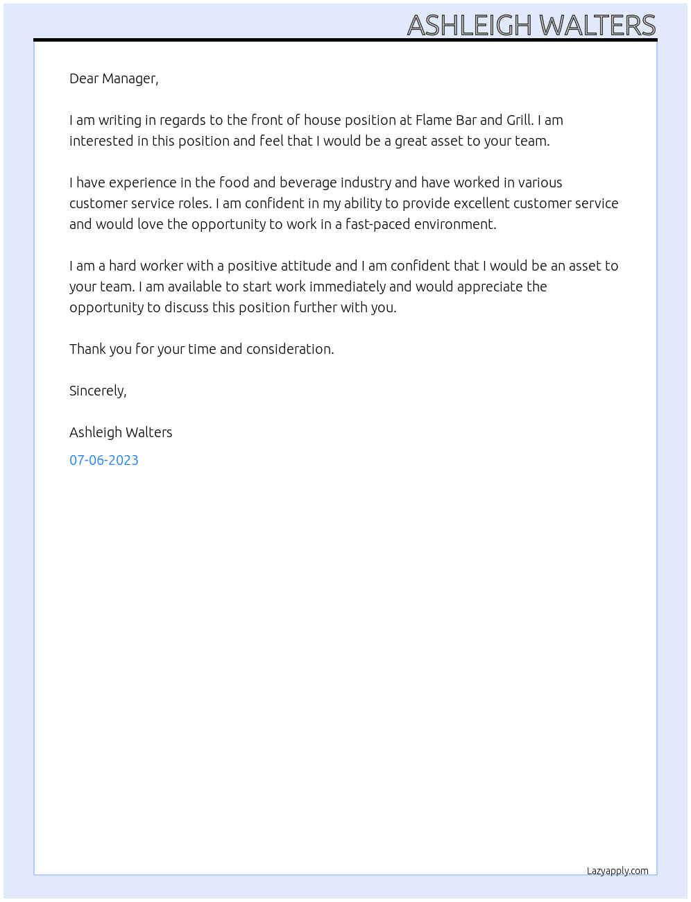 front of house At Flame Bar and Grill Cover Letter