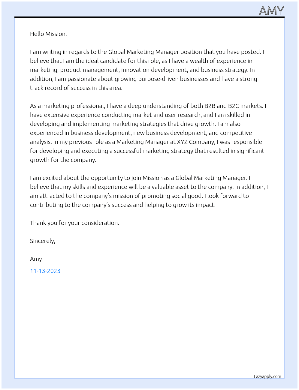 global marketing manager  At Mission Cover Letter