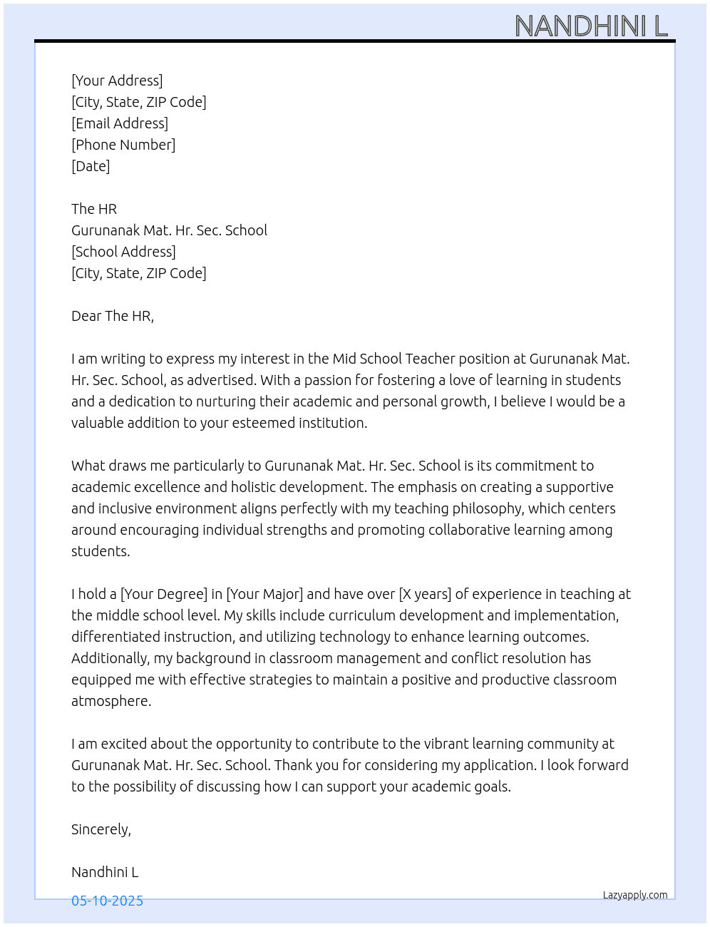 Mid school teacher  At Gurunanak. Mat. Hr. Sec. School  Cover Letter
