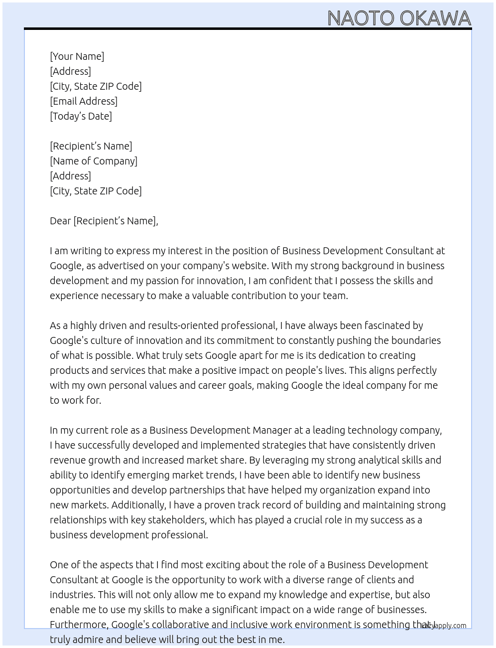 business development consultant At google Cover Letter
