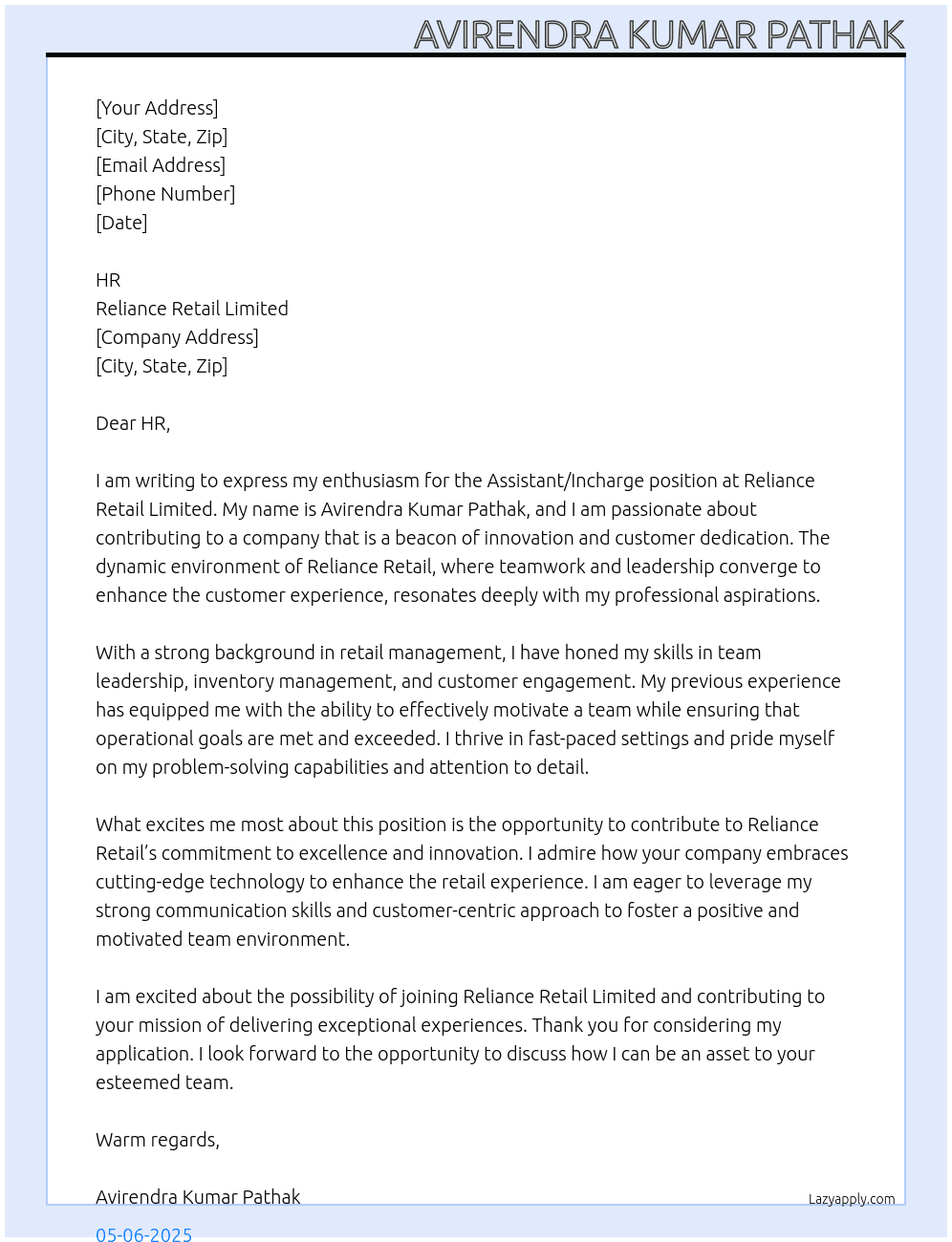 Assistan/Incharge At Reliance Retail limited Cover Letter
