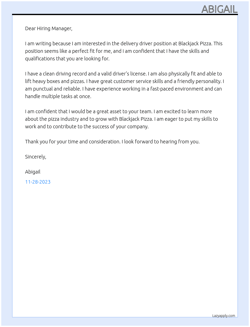 delivery driver At Blackjack Pizza Cover Letter