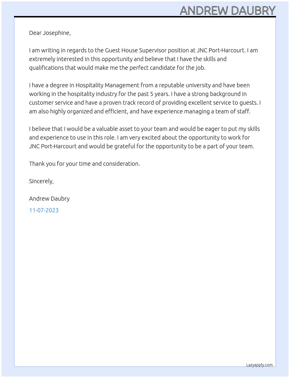 Guest House Supervisor  At JNC Port-Harcourt  Cover Letter