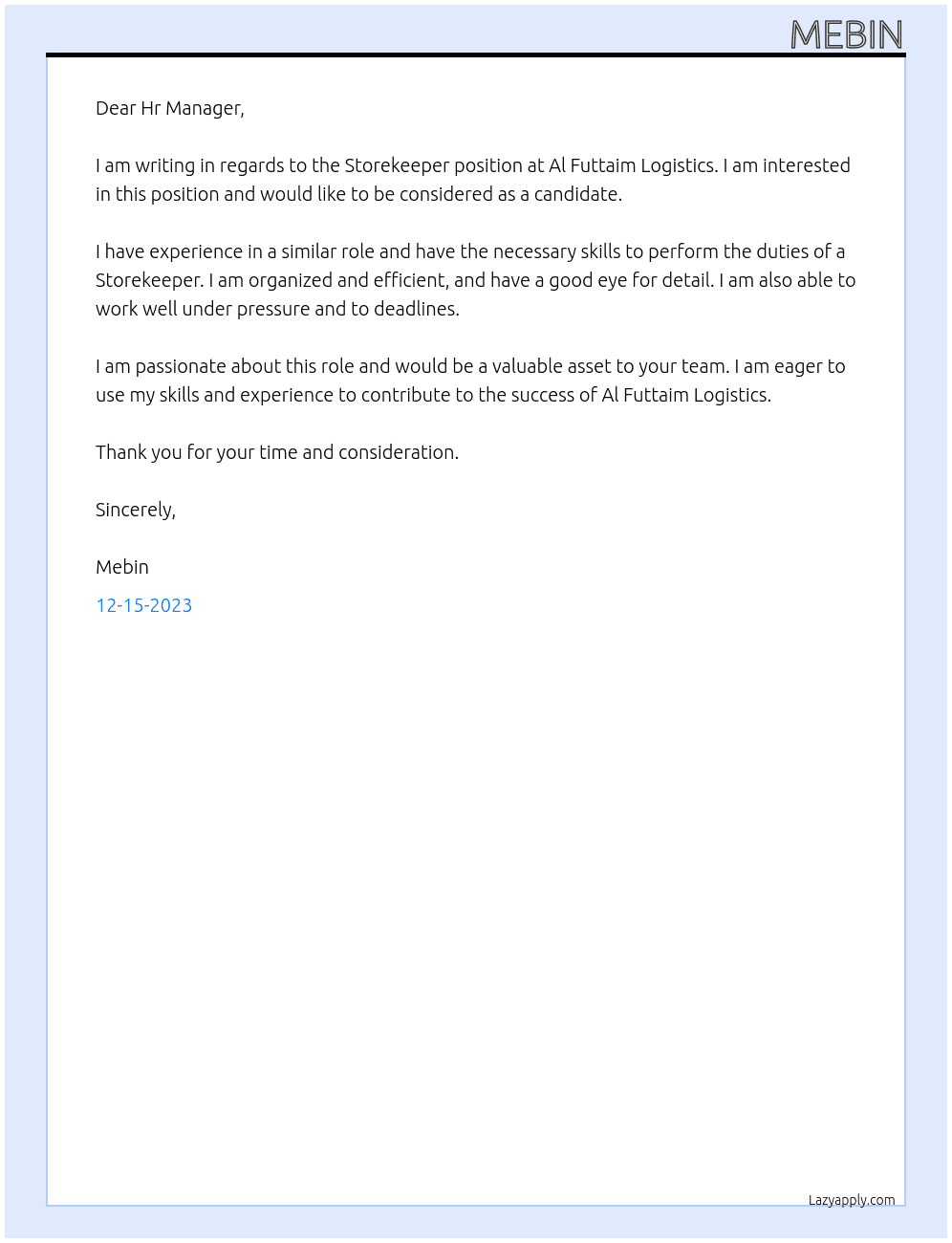 Storekeeper  At Al Futtaim Logistics  Cover Letter