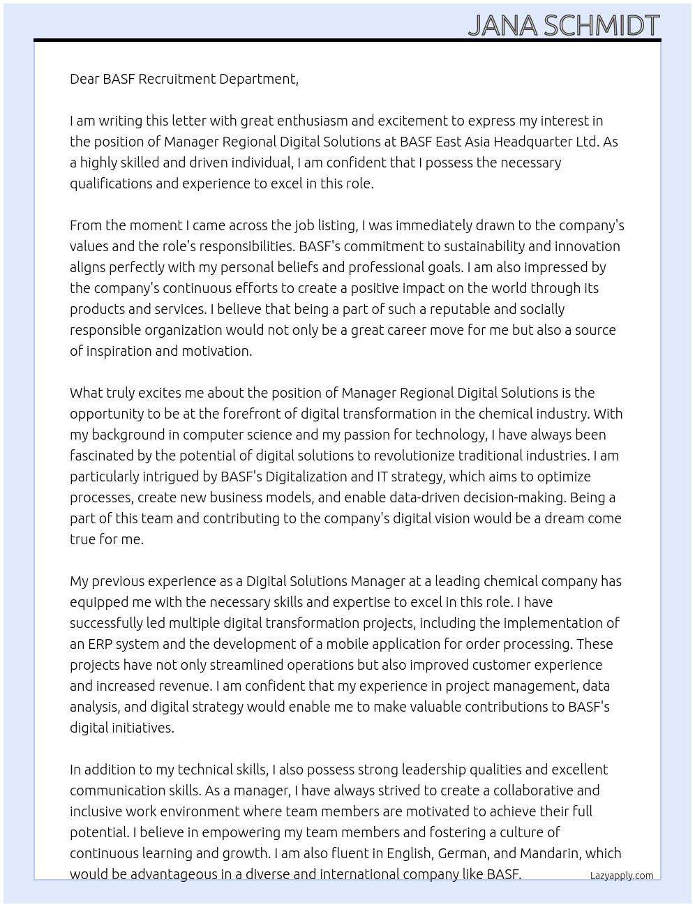 Manager Regional Digital Solutions At BASF East Asia Headquarter Ltd. Cover Letter