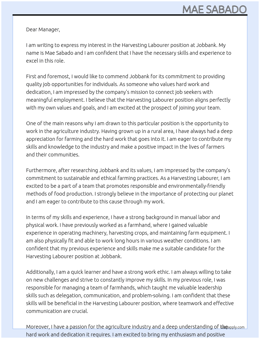 Harvesting Labourer At Jobbank Cover Letter
