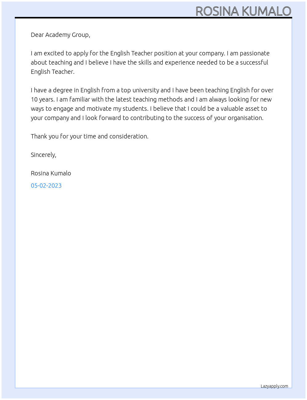 English Teacher At Academy group Cover Letter