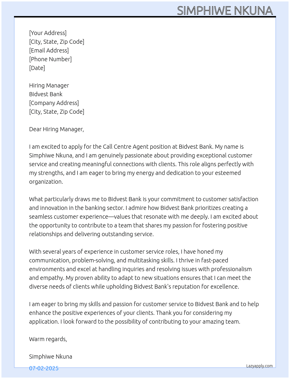 Call Centre Agent  At Bidvest Bank  Cover Letter