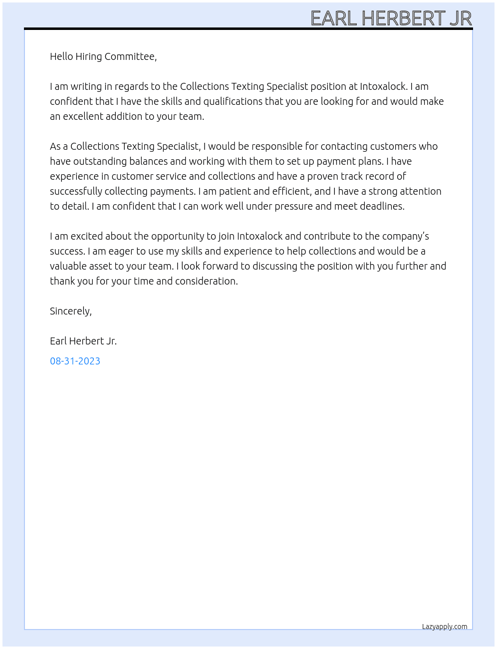 Collections Texting Specialist At Intoxalock Cover Letter