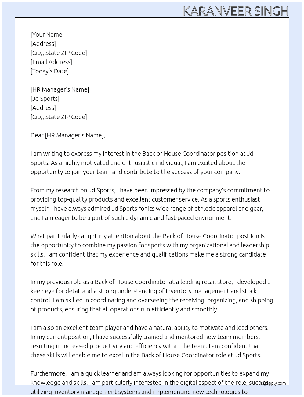 Back of House Coordinator At Jd sports Cover Letter