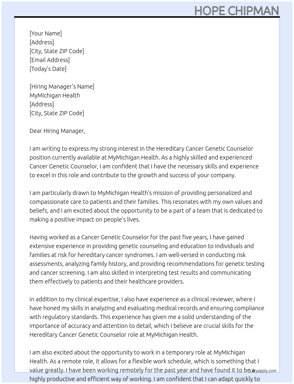 Hereditary Cancer Genetic Counselor At MyMichigan Health Cover Letter